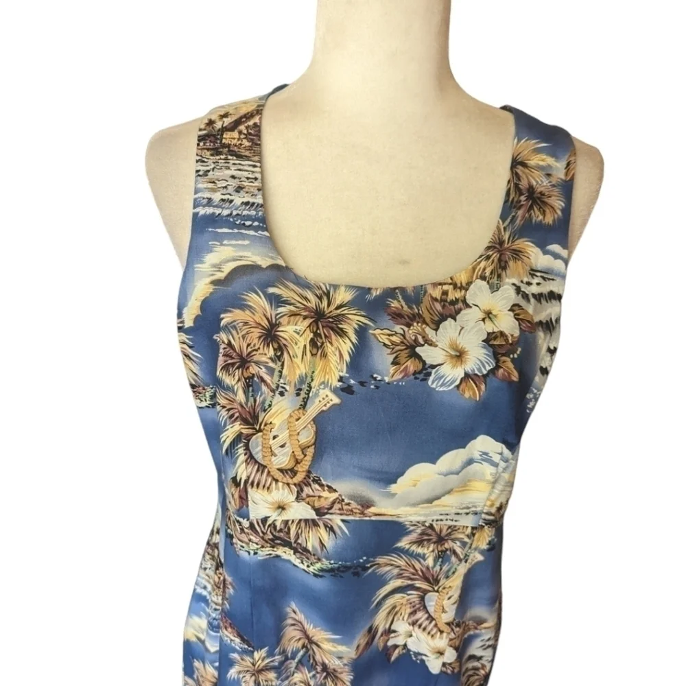 Hilo Hattie's Dress Hawaiian palm print sleeveless cotton blend Blue maxi Sz 12 - Picture 4 of 10
